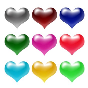 illustation of nine different 3d colour hearts - isolated