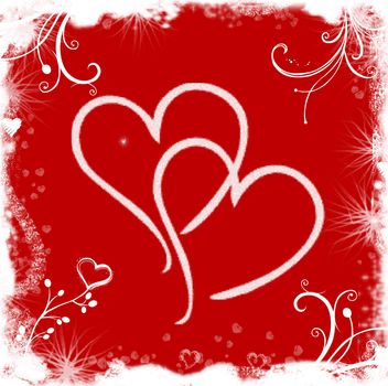 Red white illustrated valentine background with hearts and flowers