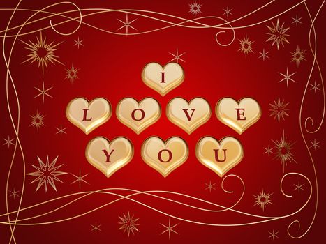 3d golden hearts, red letters, text - I love you, stars