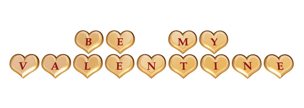 3d golden hearts with red letters with text - be my valentine, isolated