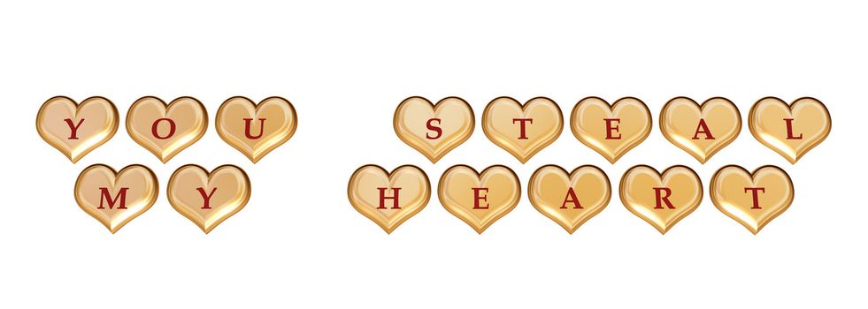 3d golden hearts with red letters with text - you steal my heart, isolated