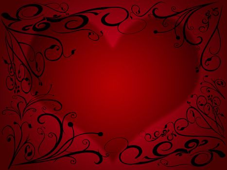 Red black illustrated valentine background with hearts and flowers