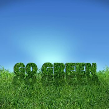 Textured go green sign over fresh grass. Clear blue sky background.
