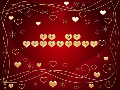 3d golden hearts, red letters, text - be my valentine, flowers, stars