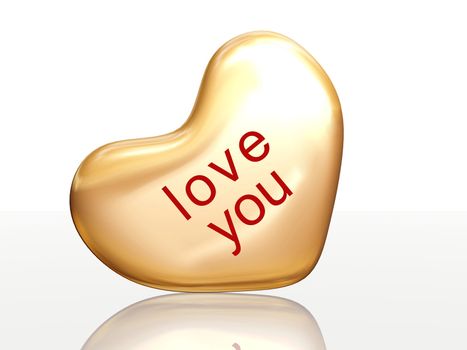 3d golden heart, red letters, text - love you, isolated