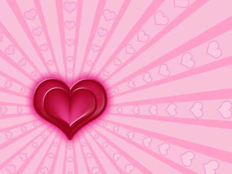 red heart and many pink hearts over pink background with rays
