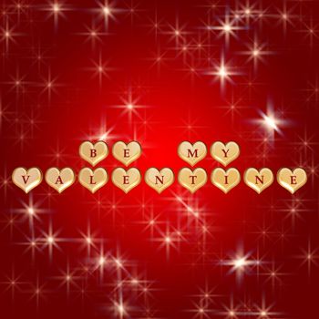 3d golden hearts, red letters, text - be my valentine, background stars, lights