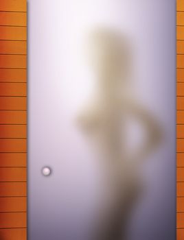 blurried women behind the blue shower door