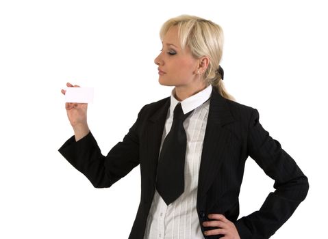 Blonde girl shows a blank card against white background.