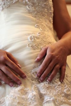 Front view of bodice of wedding dress