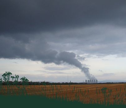 Illustration of a nuclear power plant with a menacing black cloud