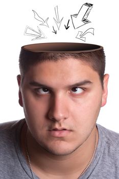 A young man looking up toward his opened head with arrows pointing in towards his brain.