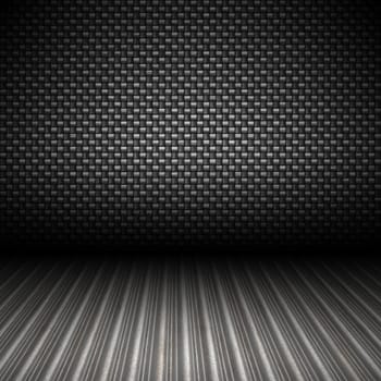 A realistic carbon fiber textured backdrop with 3D perspective and a corrugated metal floor.