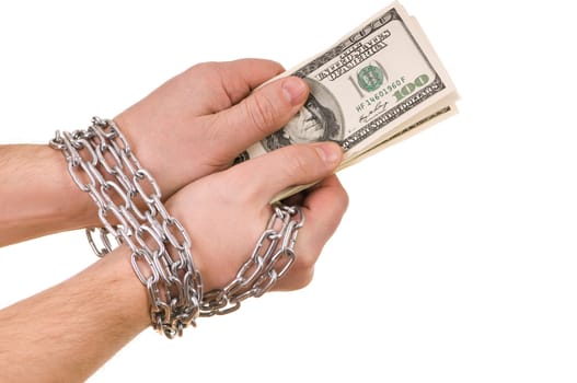 Hands with dollars  tied by a chain isolated on white background