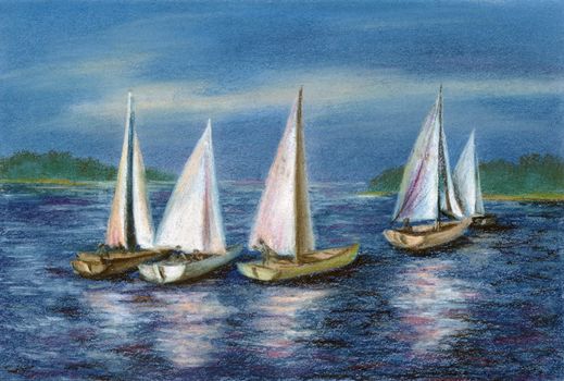 Picture, landscape. Yachts float on the Obsky sea, Russia, Novosibirsk. Drawing pastel on a cardboard