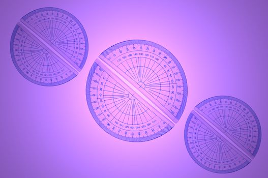 Several blue plastic protractors arranged in formation over a pink and violet light effect background.