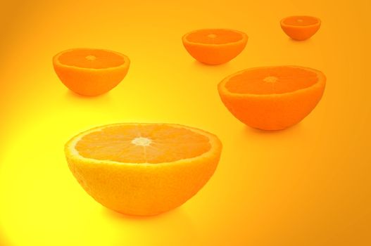 FIve freshly cut orange halves arranged over vibrant yellow and gold light effect.