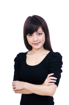 Portrait of a cute young Asian woman over white background.