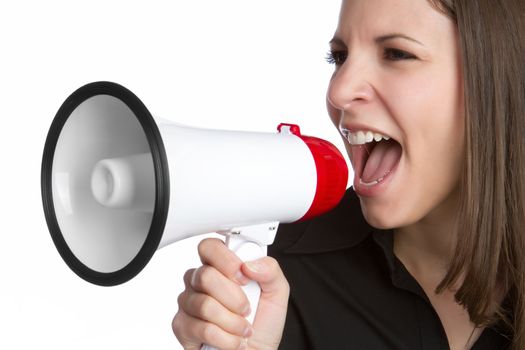 Woman yelling into megaphone bullhorn