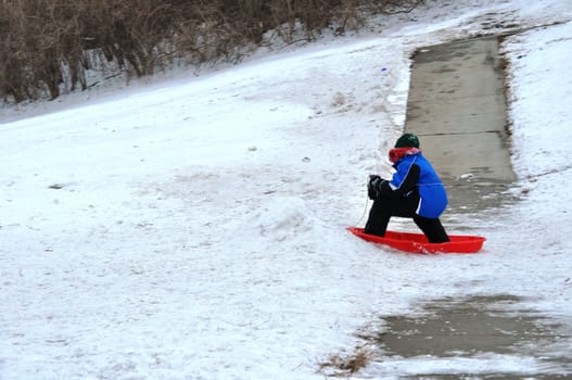 sledding near the sidewalk