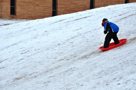 sledding near the sidewalk