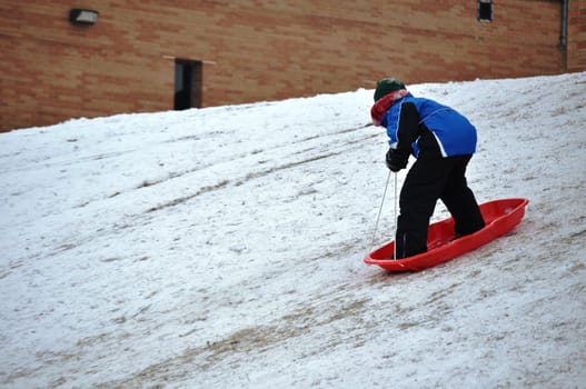 sledding near the sidewalk