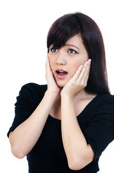 Portrait of an attractive young woman looking surprised, isolated on white background