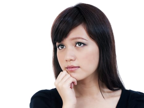 Portrait of a cute young woman thinking with hand on chin, isolated on white background