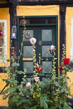 Entrance door to an old medieval half-timbered house