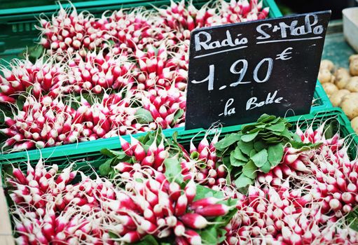 Radish on sale on a farm market; price tag in French