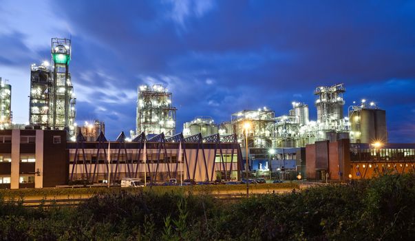Operational petrochemical plant in twilight (Antwerp port, Belgium)