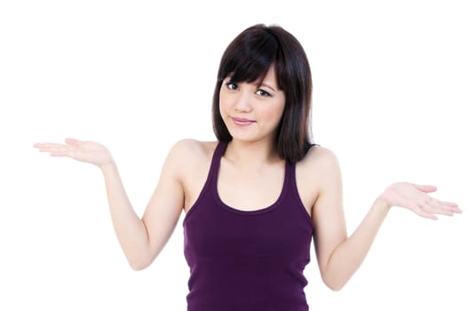 Portrait of an attractive young woman presenting things with her hands, isolated on white background