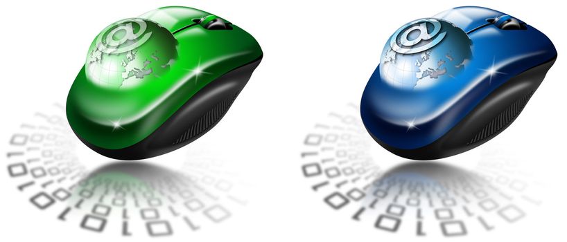 Two illustrations with globe coming out of the mouse and sign e-mail