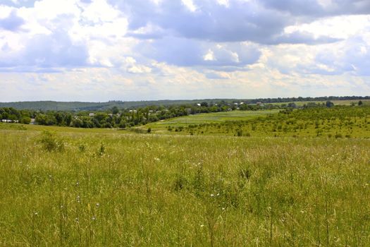 Rural landscape. Meadow, garden and village in the summer period