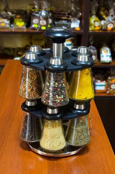 Different spices on the counter of market