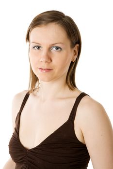 Young woman wearing brown shirt isolated on white