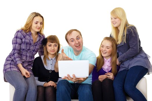 Father shows his large family laptop. White background
