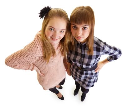 smiling girls on white background. Top view
