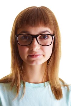 portrait of a young girl in the big glasses on a white background
