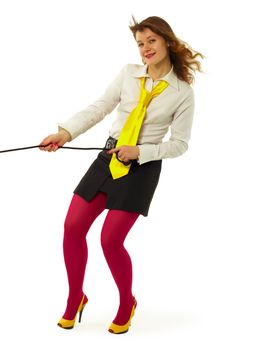 happy girl in a bright colored clothing on a white background
