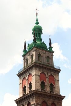 Fragment of Kornyakt Tower. Belltower of the Assumption Church in Lviv, Ukraine