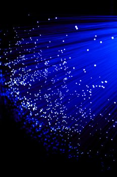 Close up on ends of many illuminated deep blue fibre optic strands with black background.