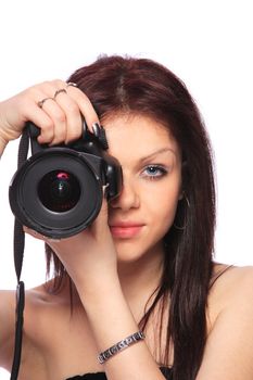 Young woman with DSLR isolated