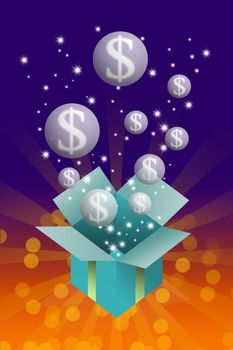 Gift box with money bubble inside on colorful background