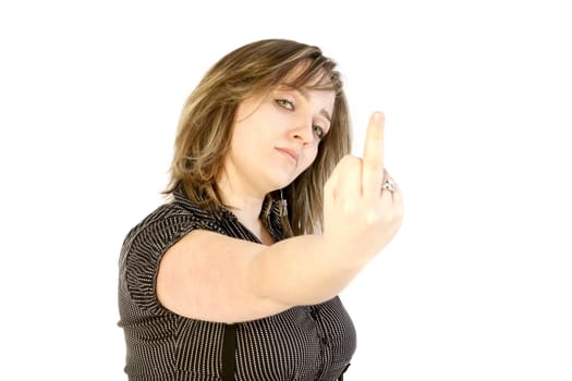 furious blonde with finger on in studio