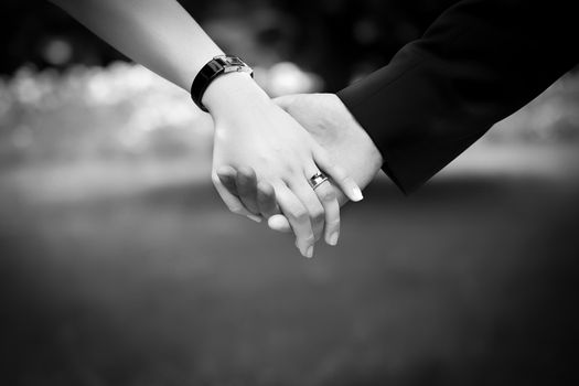 Young married couple holding hands, ceremony wedding day