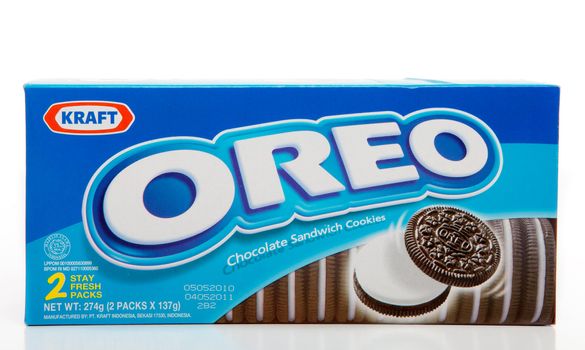 A box of Oreo chocolate cream filled biscuits.  White background    EDITORIAL USE ONLY.