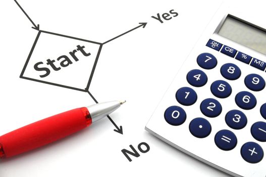 start or go concept with word in flow chart and pen