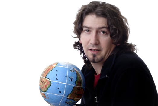 young man with globe isolated in white background