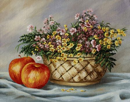 Picture oil paints on a canvas: wattled basket with buttercups and red apples